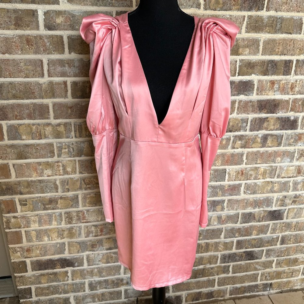 MISSGUIDED women's puff sleeve bodycon dress pink long sleeve deep v-neck sexy
